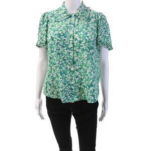 Cefinn Women's Short Sleeves Collared Button Down Green Floral Shirt Size 4